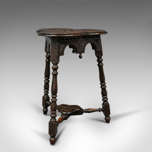 Antique Trefoil Side Table, Scottish, Oak, Wine, Aesthetic Period, Victorian