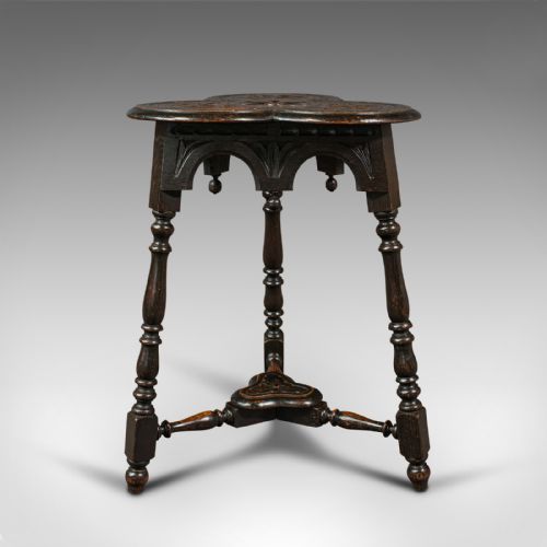 fig 1. Antique Trefoil Side Table, Scottish, Oak, Wine, Aesthetic Period, Victorian