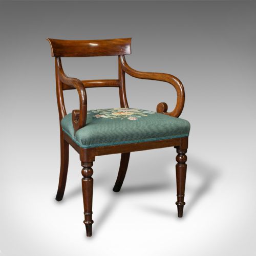 Antique Scroll Arm Desk Chair, English, Armchair, Needlepoint, Regency, C.1820