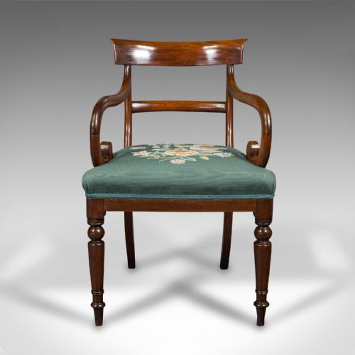 fig 1. Antique Scroll Arm Desk Chair, English, Armchair, Needlepoint, Regency, C.1820