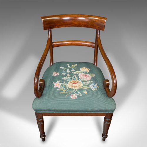 fig 4. Antique Scroll Arm Desk Chair, English, Armchair, Needlepoint, Regency, C.1820