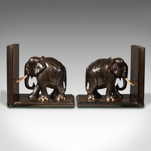 fig 1. Pair Of Antique Elephant Bookends, Anglo Indian, Ebony, Decorative, Book Rest