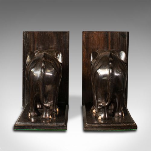 fig 3. Pair Of Antique Elephant Bookends, Anglo Indian, Ebony, Decorative, Book Rest