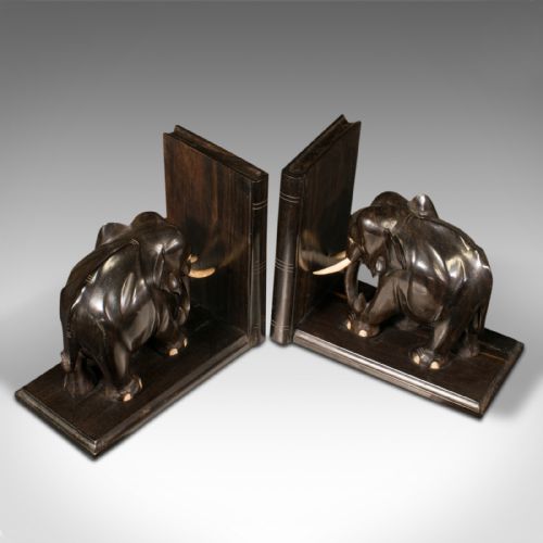 fig 4. Pair Of Antique Elephant Bookends, Anglo Indian, Ebony, Decorative, Book Rest