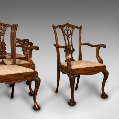 Set of 4 Antique Chippendale Revival Chairs, English, Elbow, Armchair, Victorian