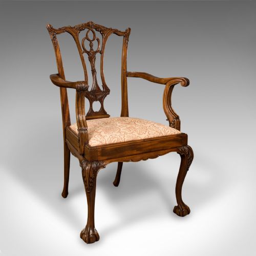 fig 1. Set of 4 Antique Chippendale Revival Chairs, English, Elbow, Armchair, Victorian