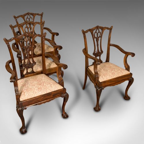 fig 3. Set of 4 Antique Chippendale Revival Chairs, English, Elbow, Armchair, Victorian