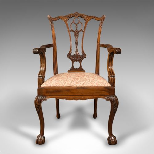 fig 5. Set of 4 Antique Chippendale Revival Chairs, English, Elbow, Armchair, Victorian