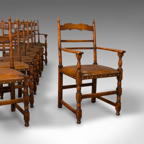 Set of 8 Antique Dining Chairs, English, Oak, Carver, Seat, Edwardian, C.1910