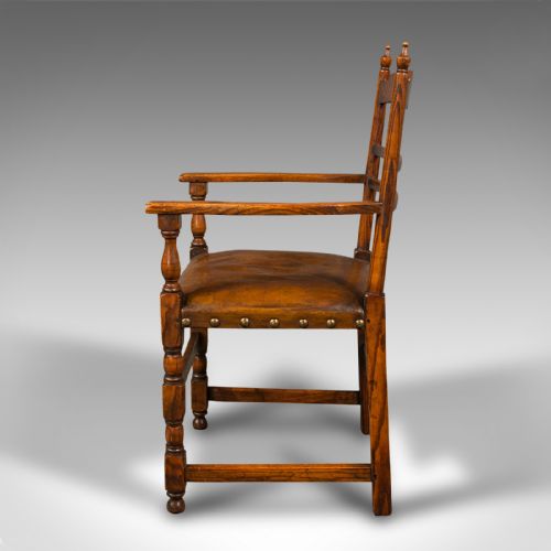 fig 2. Set Of 8 Antique Dining Chairs, English, Oak, Carver, Seat, Edwardian, C.1910