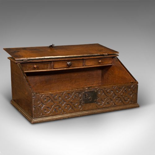 fig 1. Antique Verger's Desk Box, English, Oak, Ecclesiastic, Bible Case, William III