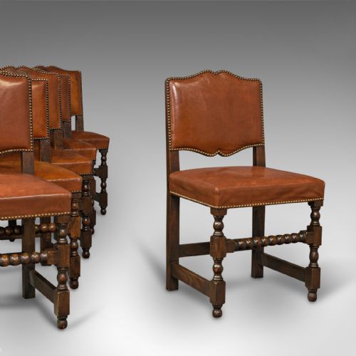 Set of 6 Antique Dining Chairs, English, Leather, Oak, Seat, Edwardian, C.1910