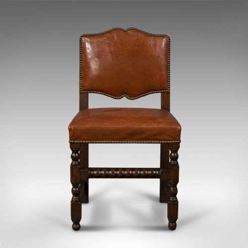 fig 1. Set Of 6 Antique Dining Chairs, English, Leather, Oak, Seat, Edwardian, C.1910