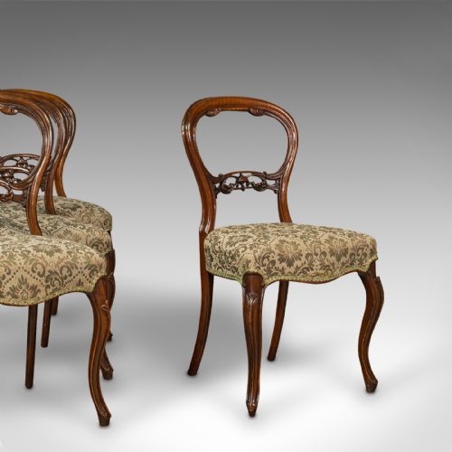 Set of 4 Antique Dining Chairs, English, Walnut, Balloon Back, Victorian, 1850