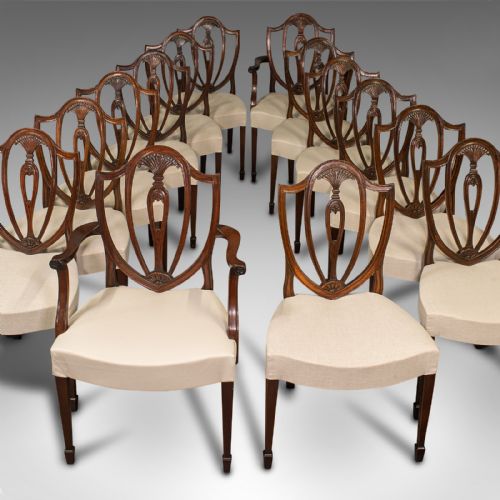 Long Set of 14 Antique Dining Chairs, English, Chippendale Revival, Victorian
