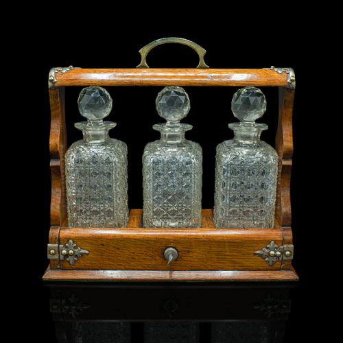 fig 1. Antique Locking Tantalus, English, Oak, Glass, Decanter Case, Edwardian, C.1910