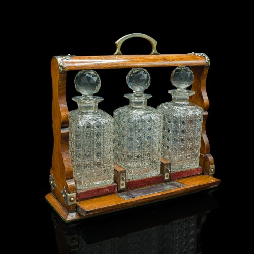 fig 2. Antique Locking Tantalus, English, Oak, Glass, Decanter Case, Edwardian, C.1910