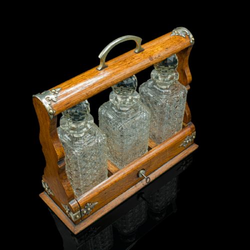 fig 5. Antique Locking Tantalus, English, Oak, Glass, Decanter Case, Edwardian, C.1910