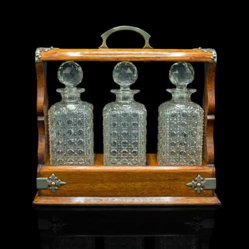 fig 6. Antique Locking Tantalus, English, Oak, Glass, Decanter Case, Edwardian, C.1910