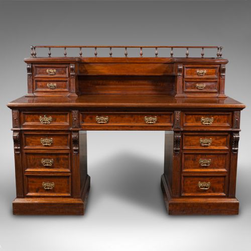 GRAND ANTIQUE EXECUTIVE DESK ENGLISH SATINWOOD 13 DRAWER OFFICE VICTORIAN - ADDITIONAL PHOTO 1