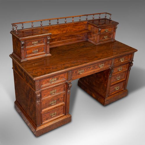GRAND ANTIQUE EXECUTIVE DESK ENGLISH SATINWOOD 13 DRAWER OFFICE VICTORIAN - ADDITIONAL PHOTO 5
