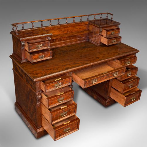 GRAND ANTIQUE EXECUTIVE DESK ENGLISH SATINWOOD 13 DRAWER OFFICE VICTORIAN - ADDITIONAL PHOTO 6