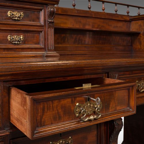 GRAND ANTIQUE EXECUTIVE DESK ENGLISH SATINWOOD 13 DRAWER OFFICE VICTORIAN - ADDITIONAL PHOTO 9
