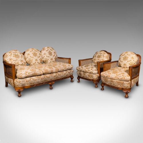 Antique Bergere Sofa Suite, English, Walnut, 3 Seat Settee, Armchair, Edwardian