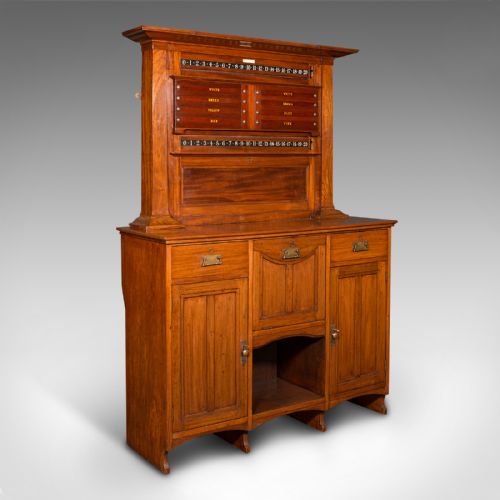 fig 1. An Edwardian English walnut billiard score cabinet featuring built-in life pool scorers, ball storage racks, brass handles, drawers, and lower cupboard space.