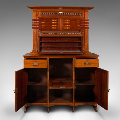 fig 2. An Edwardian English walnut billiard score cabinet featuring built-in life pool scorers, ball storage racks, brass handles, drawers, and lower cupboard space.