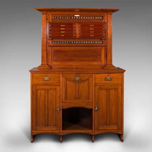 fig 6. An Edwardian English walnut billiard score cabinet featuring built-in life pool scorers, ball storage racks, brass handles, drawers, and lower cupboard space.