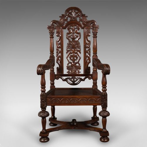 fig 1. Antique Carved Throne Chair, Scottish Oak, Carver, Elbow Seat, Gothic, Victorian