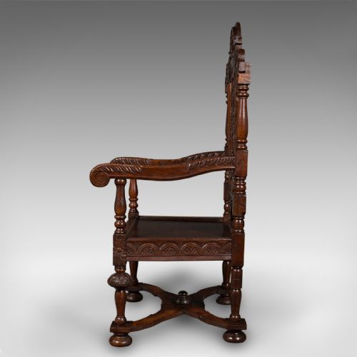 fig 3. Antique Carved Throne Chair, Scottish Oak, Carver, Elbow Seat, Gothic, Victorian
