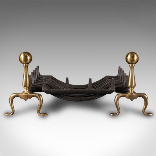 fig 1. Antique Fireplace Grate, English, Cast Iron, Fire Basket, Andirons, Edwardian