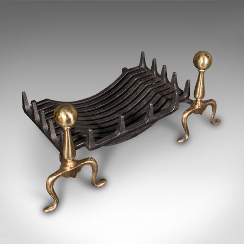 fig 3. Antique Fireplace Grate, English, Cast Iron, Fire Basket, Andirons, Edwardian