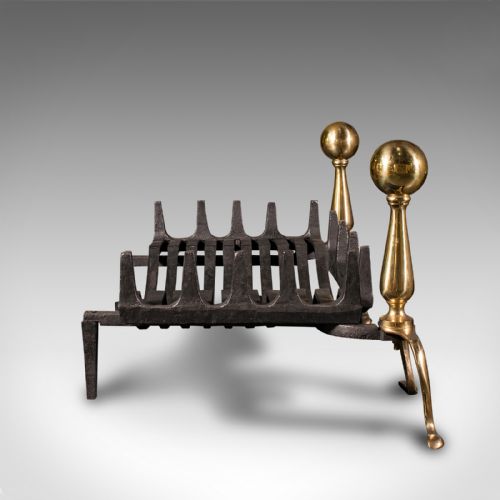 fig 4. Antique Fireplace Grate, English, Cast Iron, Fire Basket, Andirons, Edwardian