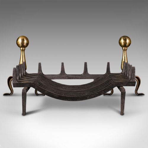 fig 5. Antique Fireplace Grate, English, Cast Iron, Fire Basket, Andirons, Edwardian