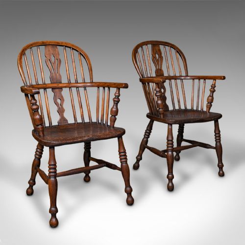 Pair of Antique Windsor Chairs, English, Elm, Ash, Elbow, Armchair, Victorian