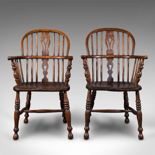 fig 1. Pair Of Antique Windsor Chairs, English, Elm, Ash, Elbow, Armchair, Victorian