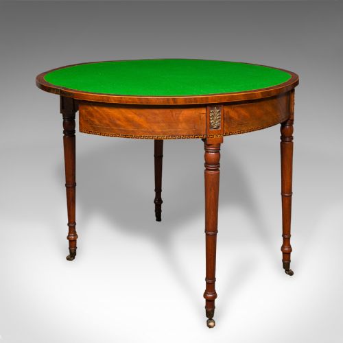 Antique Demi Lune Table, English, Walnut, Fold Over, Card, Game, Georgian, 1800