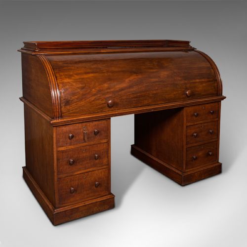 fig 1. Grand Antique Estate Pedestal Desk, English Roll Top Secretaire, Victorian, 1860