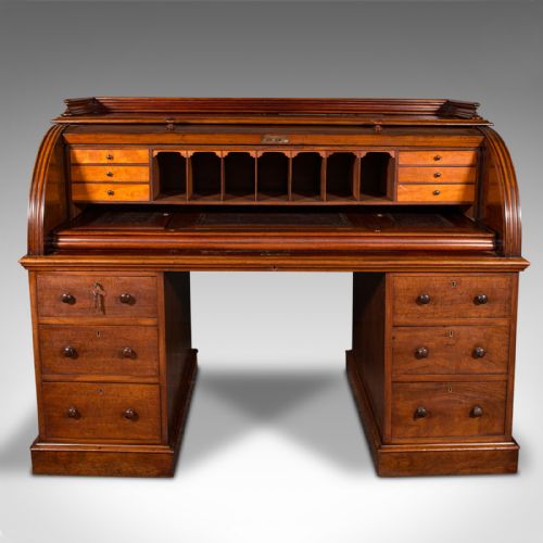 fig 2. Grand Antique Estate Pedestal Desk, English Roll Top Secretaire, Victorian, 1860
