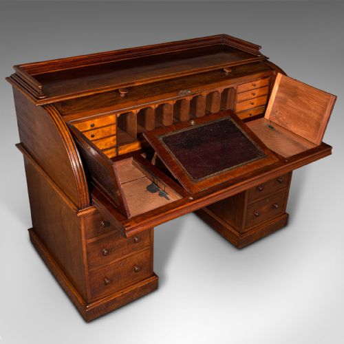 fig 6. Grand Antique Estate Pedestal Desk, English Roll Top Secretaire, Victorian, 1860