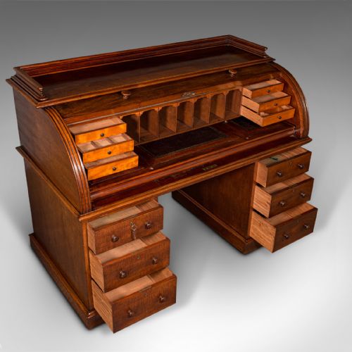 fig 7. Grand Antique Estate Pedestal Desk, English Roll Top Secretaire, Victorian, 1860