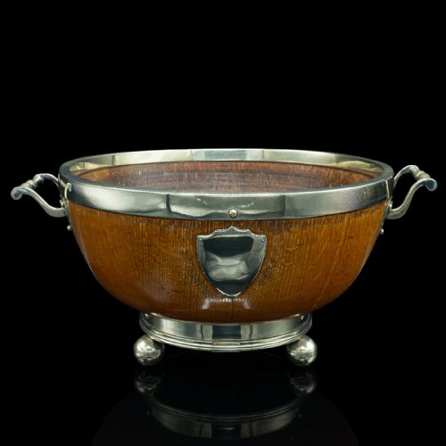 fig 1. Antique Fruit Bowl, English, Oak, Silver Plate, Country House, Dish, Victorian