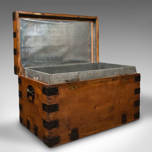 Antique Mercantile Chest, English, Pine, Shipping Trunk, Tin Lined, Victorian