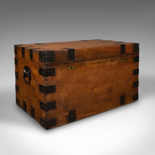 fig 1. Antique Mercantile Chest, English, Pine, Shipping Trunk, Tin Lined, Victorian