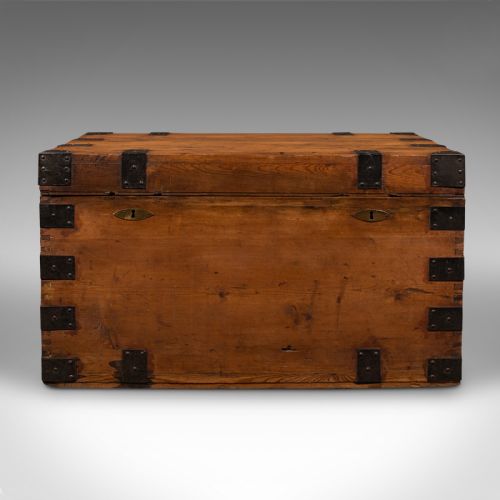 fig 2. Antique Mercantile Chest, English, Pine, Shipping Trunk, Tin Lined, Victorian