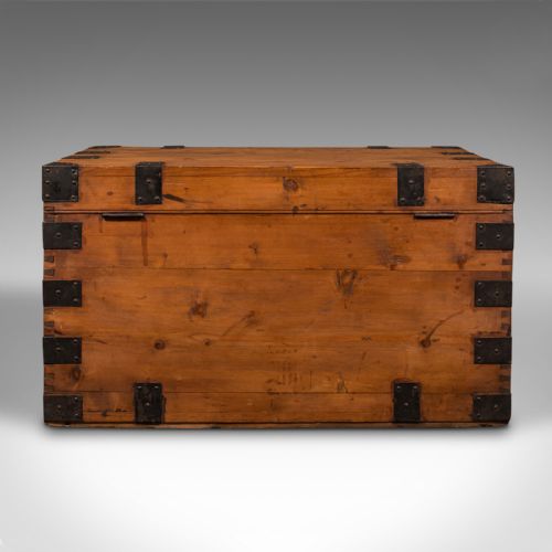 fig 3. Antique Mercantile Chest, English, Pine, Shipping Trunk, Tin Lined, Victorian