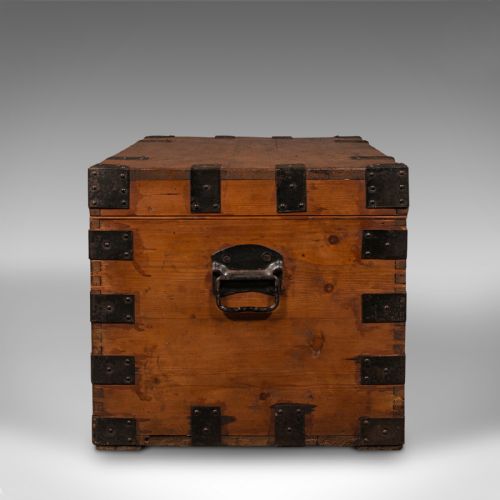 fig 4. Antique Mercantile Chest, English, Pine, Shipping Trunk, Tin Lined, Victorian